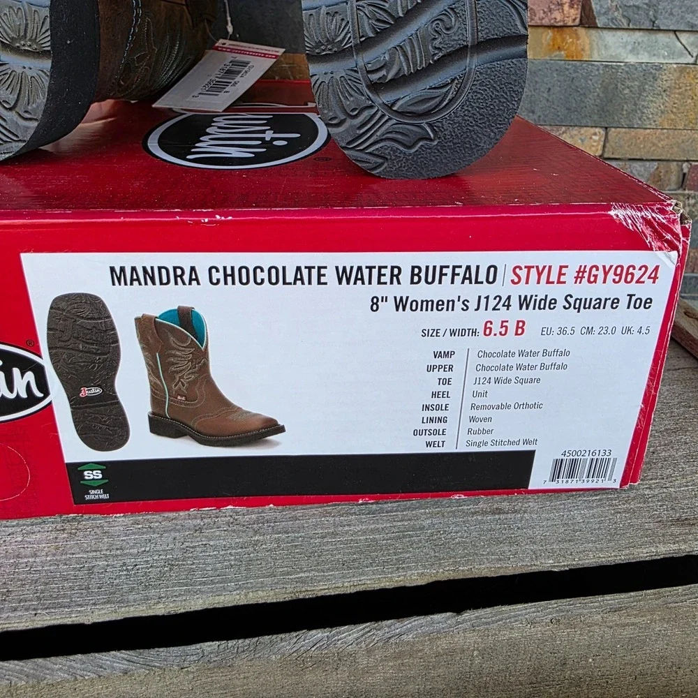 Justin Mandra Chocolate Water Buffalo Wide Square Toe Boots Size 6.5 B GY9624 - Picture 6 of 16